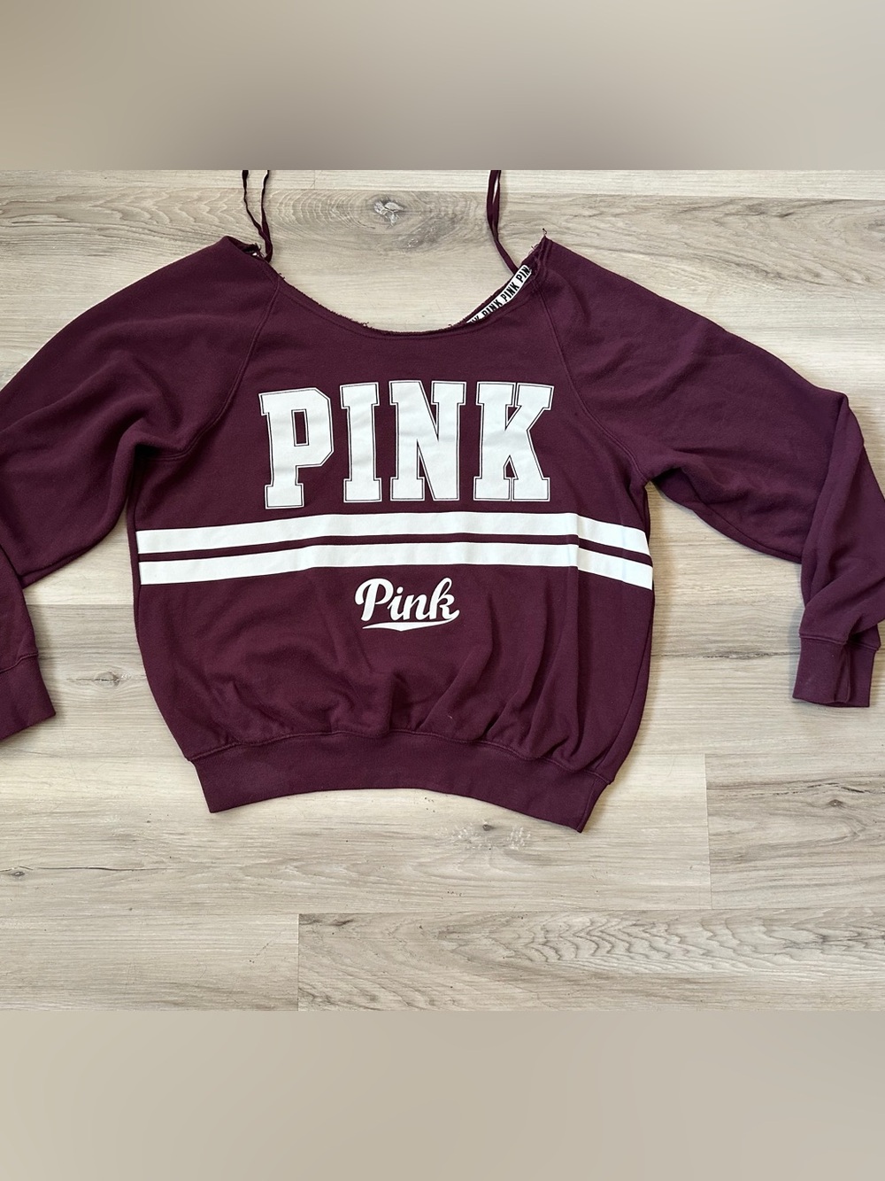 Women’s Pink Victoria Secret Maroon Off The Shoulder Sweatshirt White Logo